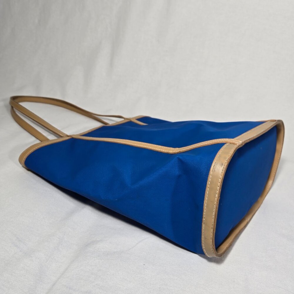 VINTAGE 90s Y2K Whitney Blue Canvas & Tan Trim Open Top Structure Roomy Tote Bag - Picture 4 of 17